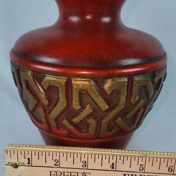 Vintage Haegar Art Pottery Ceramic Orange/Red Vase Abstract Gold Design MCM - Picture 6 of 6